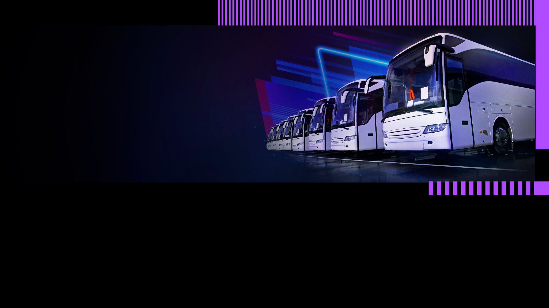 Several motor coaches are parked side by side against a blue background with neon effects.