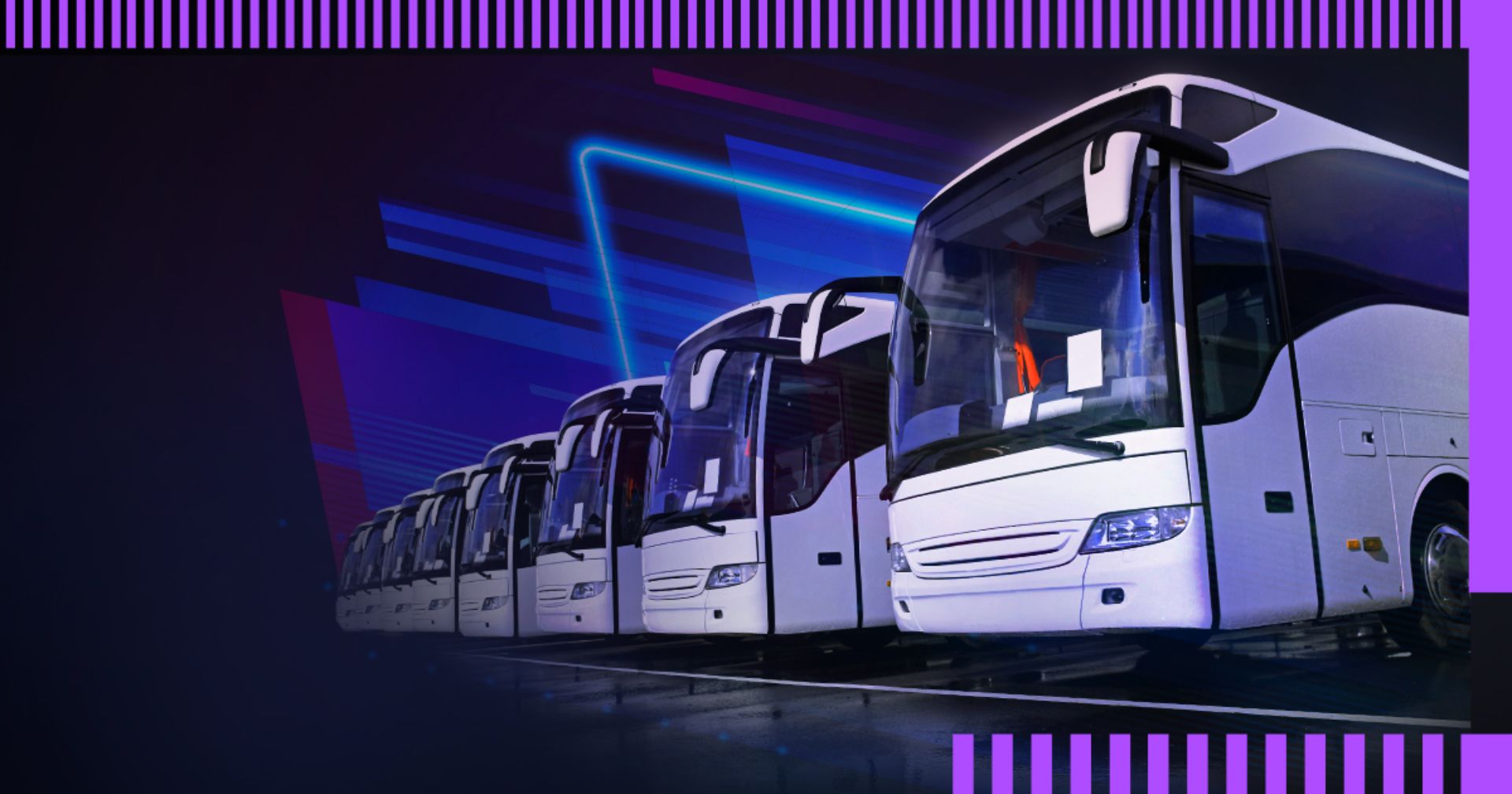 Several motor coaches are parked side by side against a blue background with neon effects.