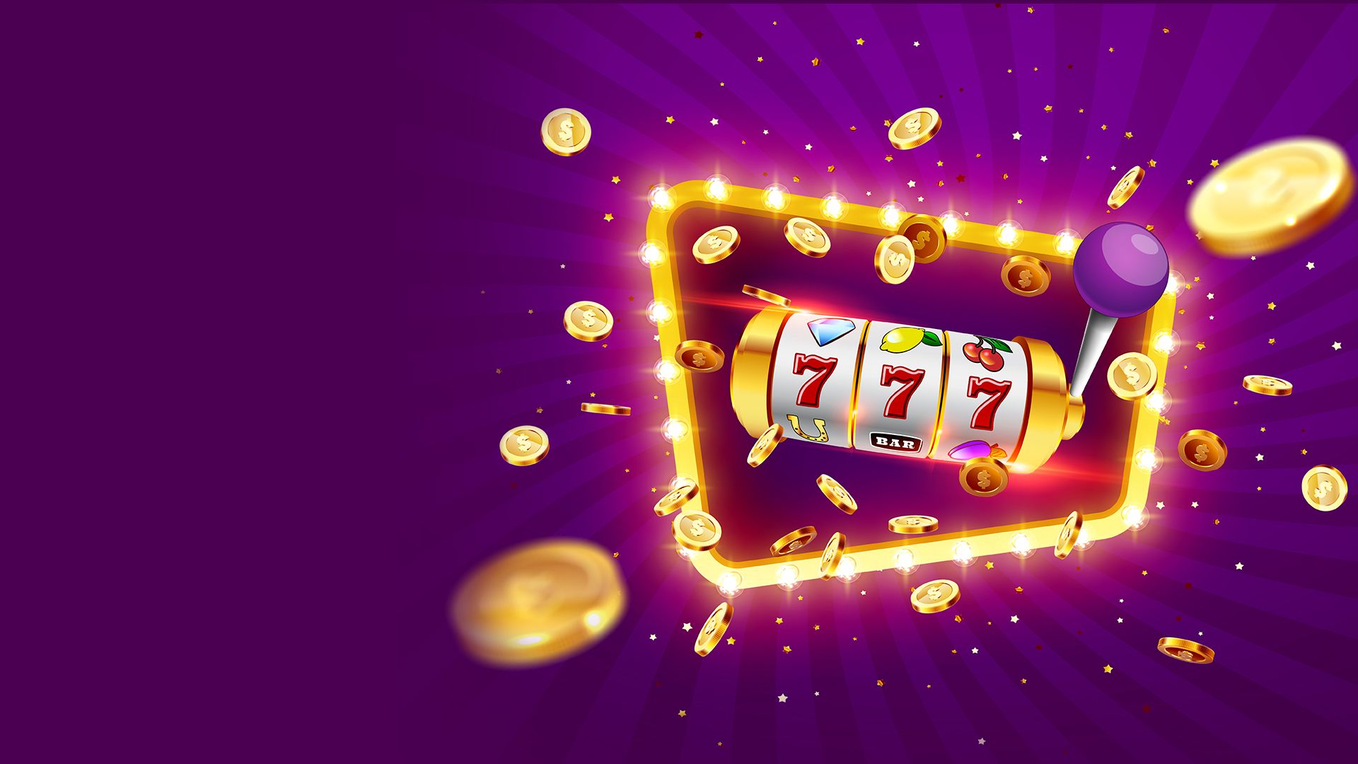Une machine à sous colorée qui affiche trois « 7 » alignés, symbole de gros lot, entourée de pièces d’or en mouvement
