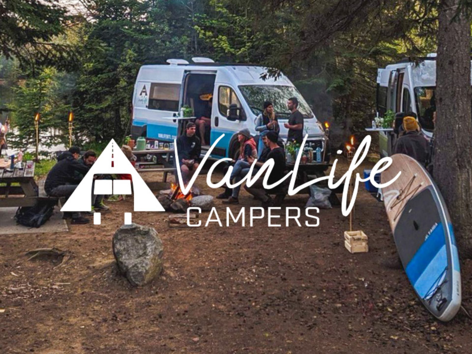 Photo composite of a campsite with camper vans and VanLife Campers logo