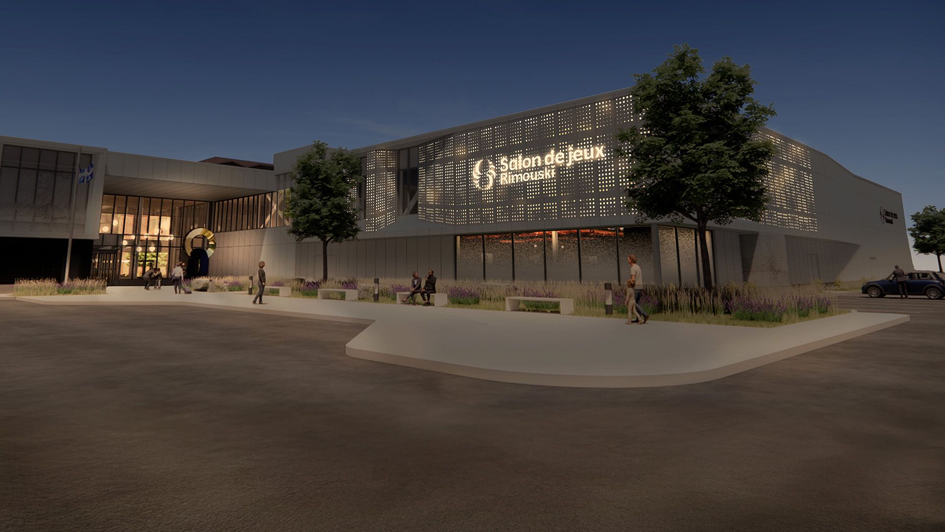 Depiction of the upcoming Salon de jeux de Rimouski at dusk.