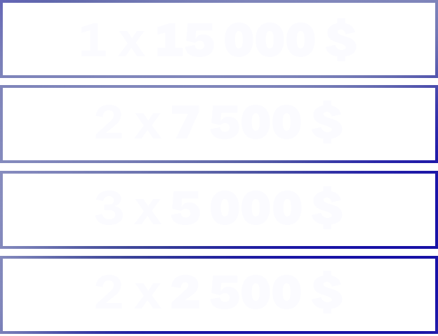 1 x 15 000 $, 2 x 7 500 $, 3 x 5 000 $, 2 x 2 500 $